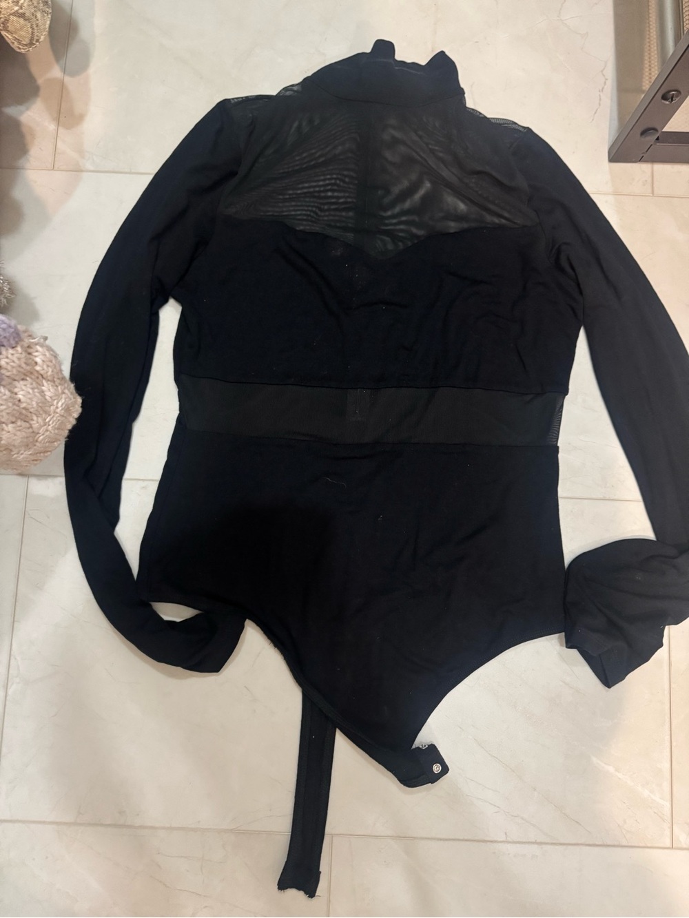 Black Mesh-Trim Long Sleeve Bodysuit - Women's Top